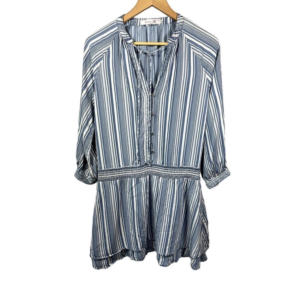 BILLY T Women's Cinched Waist Striped Chambray Dress Blue/White Size Small